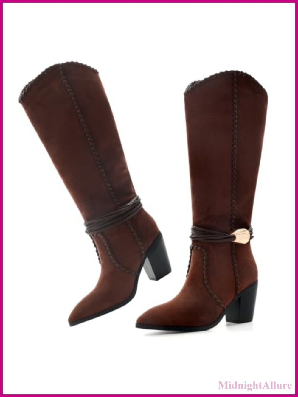 Women's Knee High Cowgirl Boots Block Heel Pointed Toe Faux Suede Western